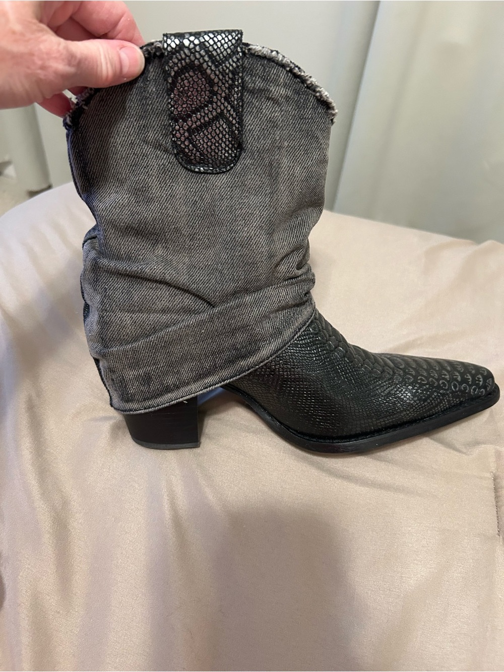 Black Croc-, denim Dingo boots.  Never worn, and they fit like an 8.5.